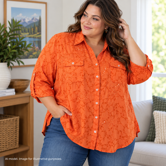 Liz & Me Tops - Liz and Me Catherines Shirt Women 2X 22W 24W Orange Shadow Floral Shimmer Boxy